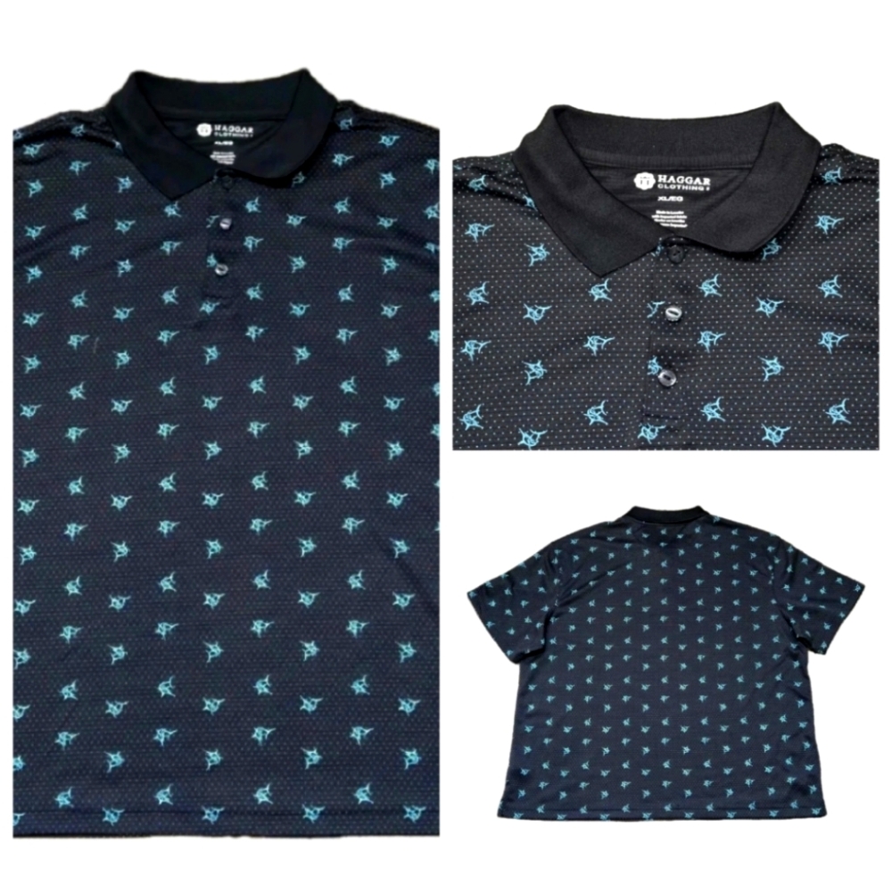 Haggar Clothing Golf Polo Size XL Black With Blue Swordfish Print All Over